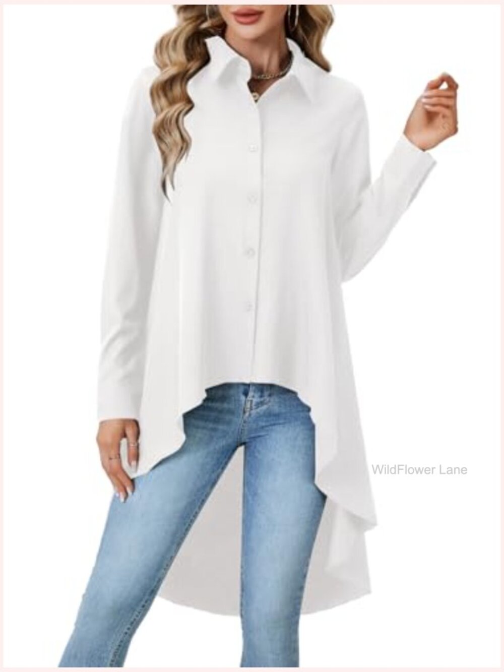 Button Down Asymmetrical Hem Blouse Long Sleeve Tunic Tops - Picture 4 of 6